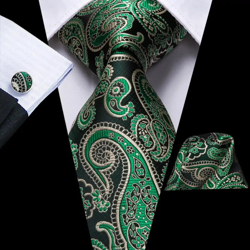 Men Green Ties Floral Tie Paisley Silk Necktie Pocket Square Set