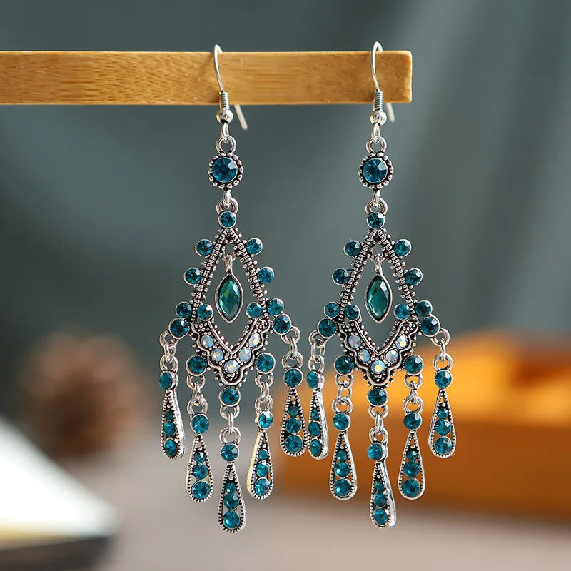 Bohemian Ethnic Long Blue Acrylic Crystal Water Drop Earrings