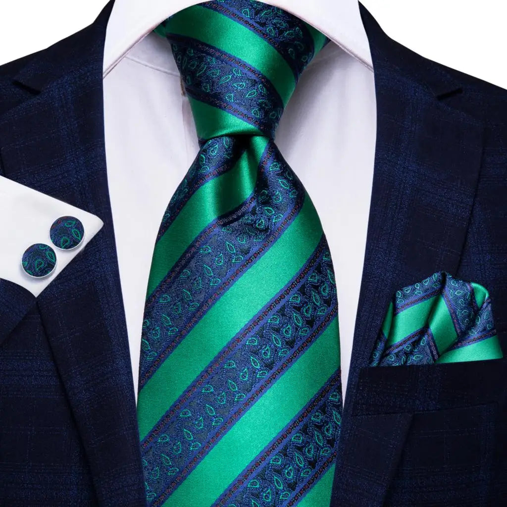 Men Green Ties Floral Tie Paisley Silk Necktie Pocket Square Set