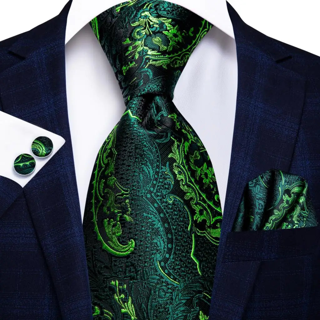 Men Green Ties Floral Tie Paisley Silk Necktie Pocket Square Set