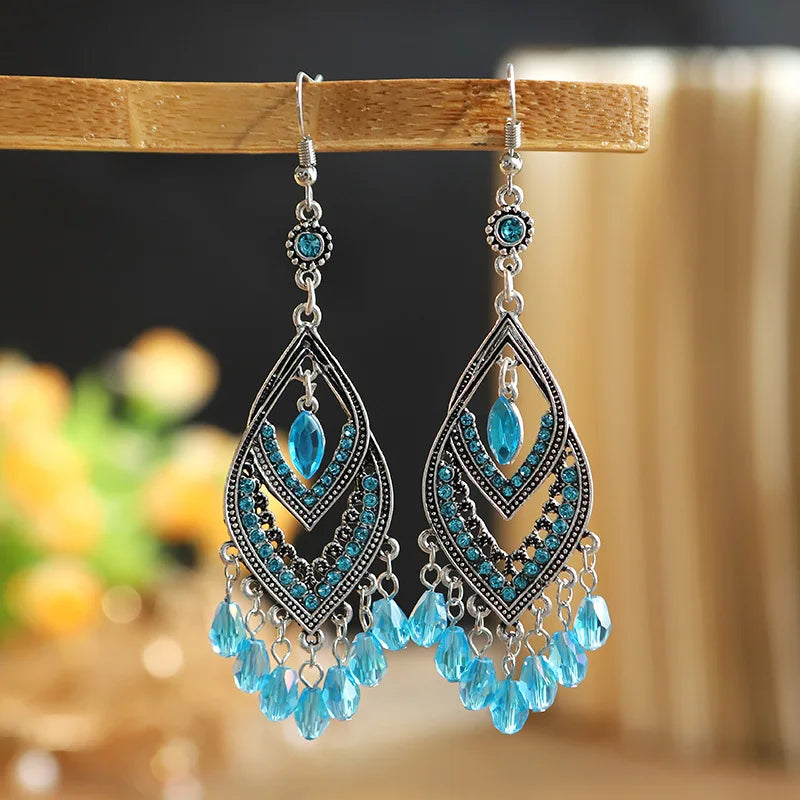 Bohemian Ethnic Long Blue Acrylic Crystal Water Drop Earrings