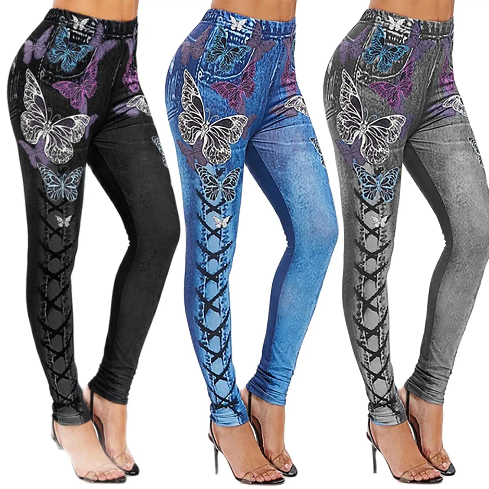 Skinny High Waist Butterfly Print Lace-up Elastic Jeans Women Pencil Pants