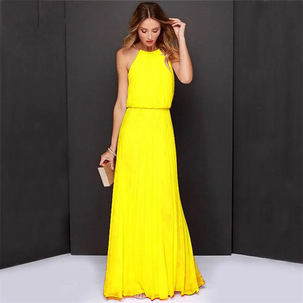 Summer Sexy  Sleeveless Elegant Casual Pleated Chiffon Maxi Dress