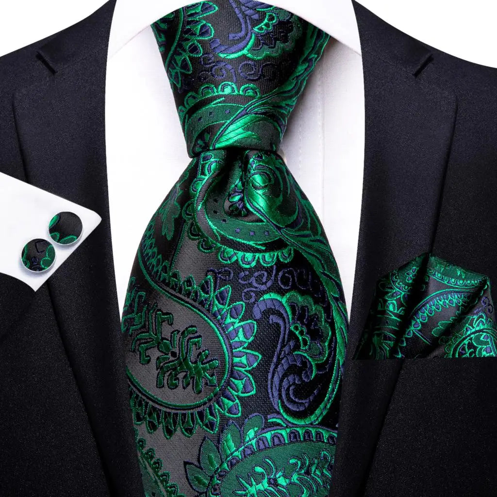 Men Green Ties Floral Tie Paisley Silk Necktie Pocket Square Set