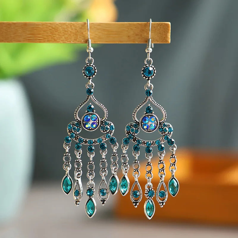 Bohemian Ethnic Long Blue Acrylic Crystal Water Drop Earrings