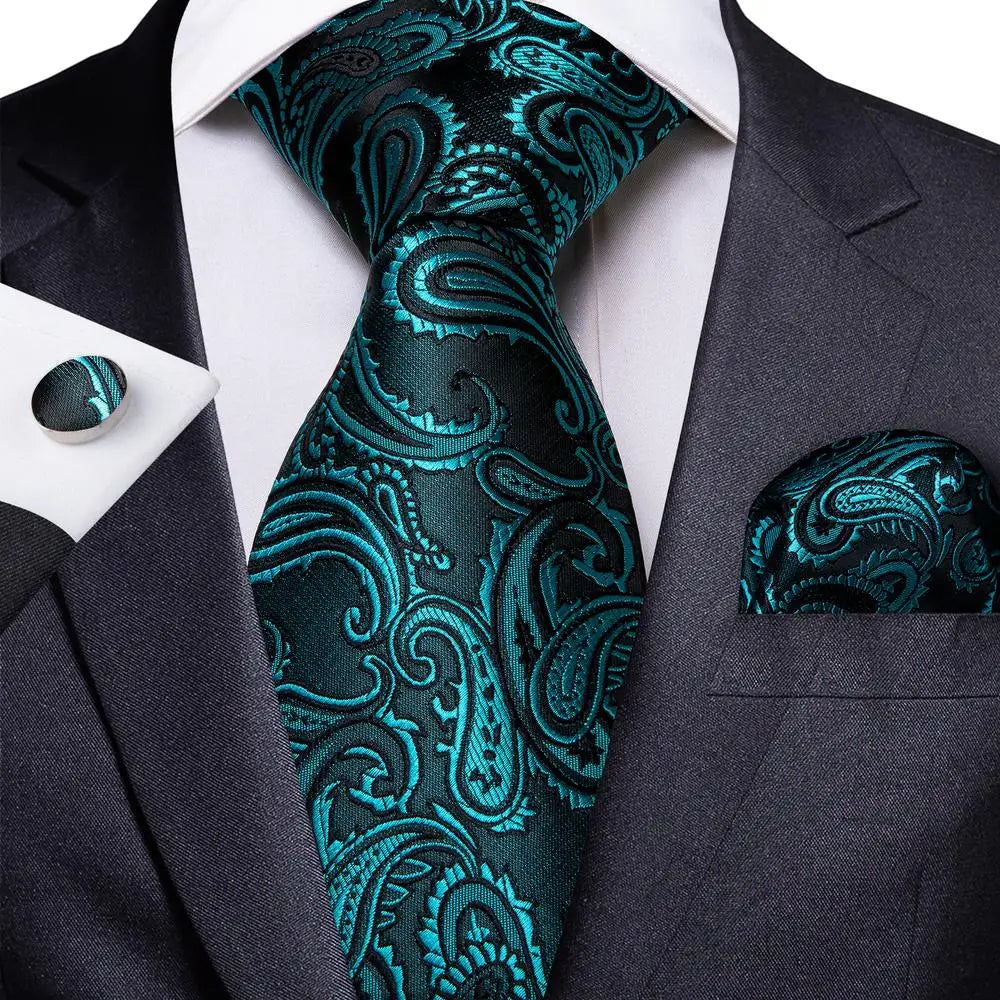 Men Green Ties Floral Tie Paisley Silk Necktie Pocket Square Set