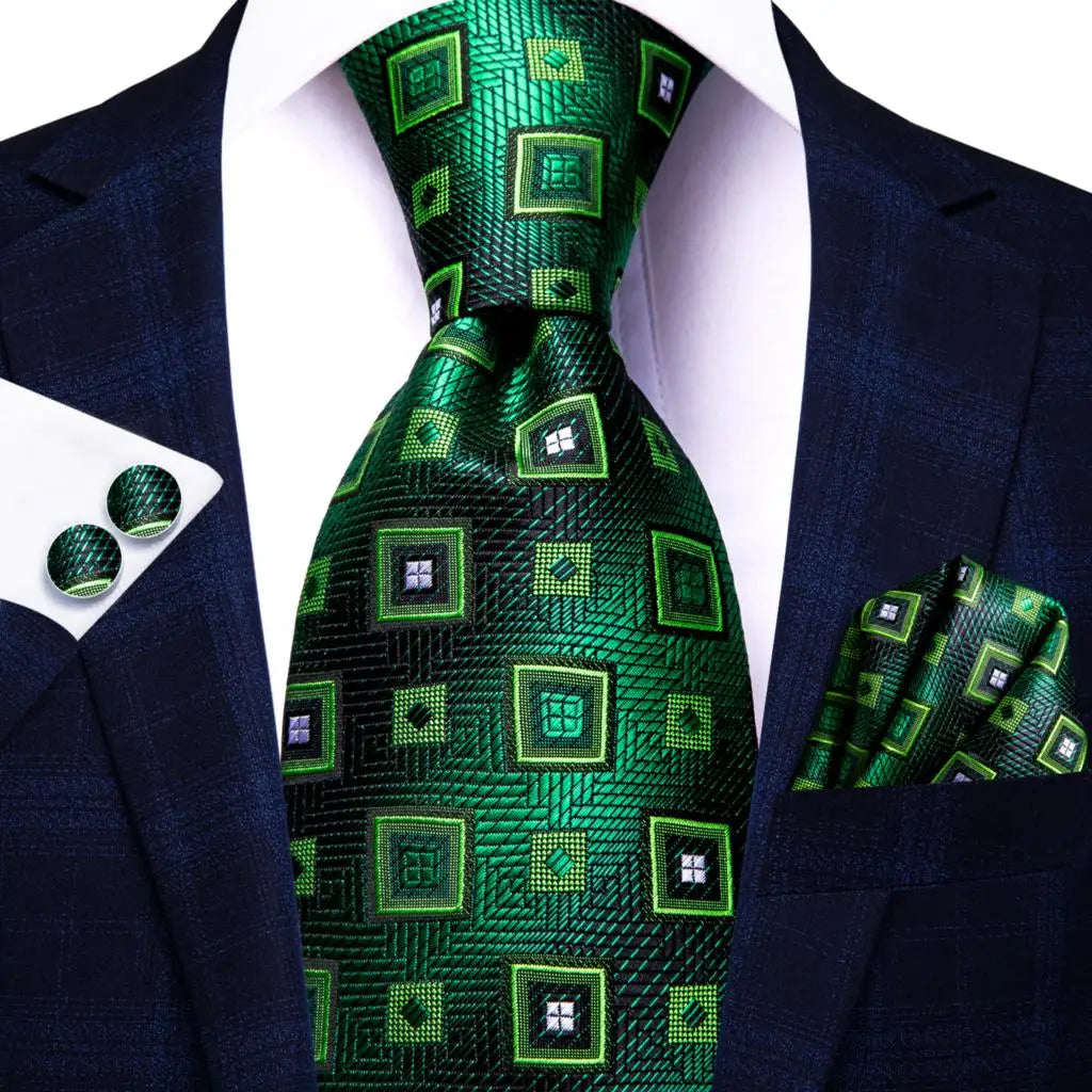 Men Green Ties Floral Tie Paisley Silk Necktie Pocket Square Set