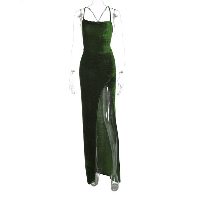 Solid Lace Up  Side Slit Backless Velvet Maxi Dress