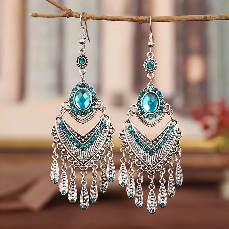 Bohemian Ethnic Long Blue Acrylic Crystal Water Drop Earrings