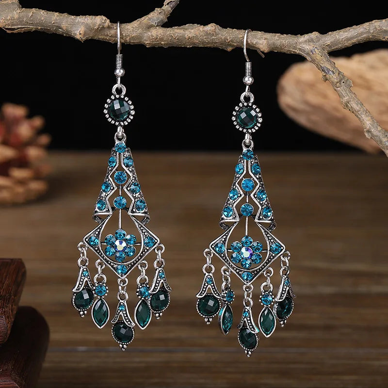 Bohemian Ethnic Long Blue Acrylic Crystal Water Drop Earrings