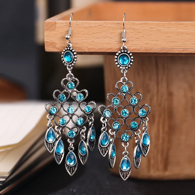 Bohemian Ethnic Long Blue Acrylic Crystal Water Drop Earrings