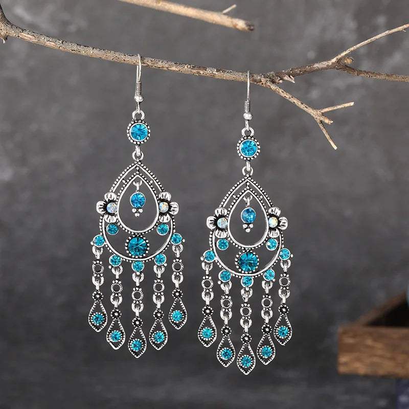 Bohemian Ethnic Long Blue Acrylic Crystal Water Drop Earrings