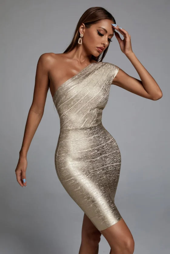 One Shoulder Foiling Gold Print Rayon Bandage Dress