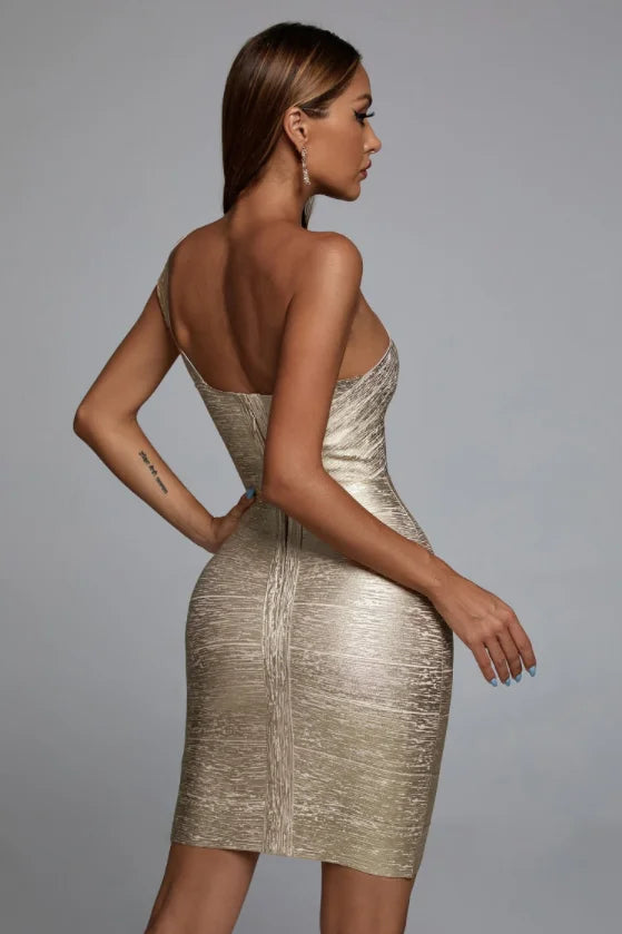 One Shoulder Foiling Gold Print Rayon Bandage Dress