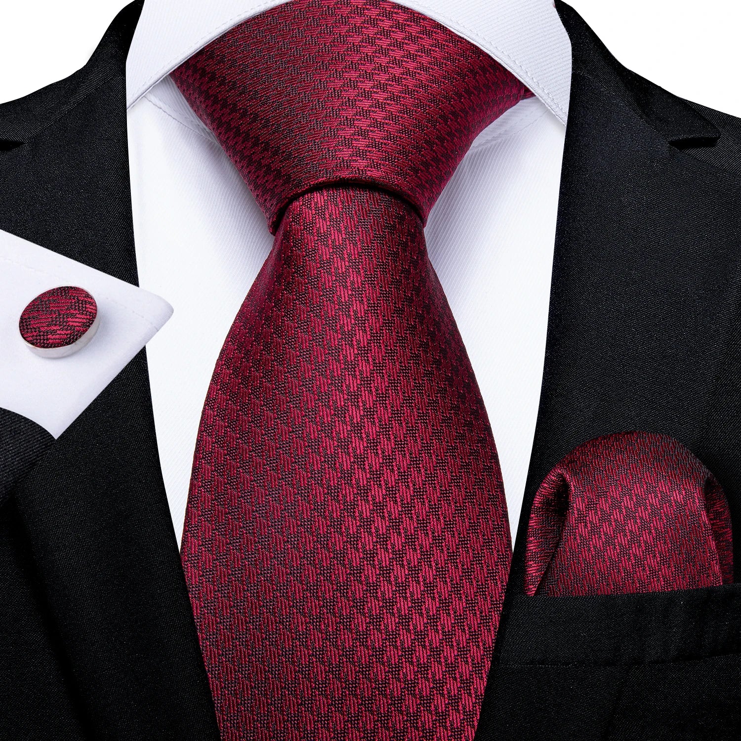 Red  Solid Striped Paisley Neckties Hanky Cufflinks Set For Men