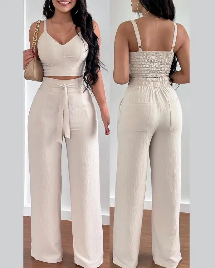 V-Neck Sleeveless Shirred Crop Top & Pocket Design Elegant Work Lady Wide Leg Pants Set