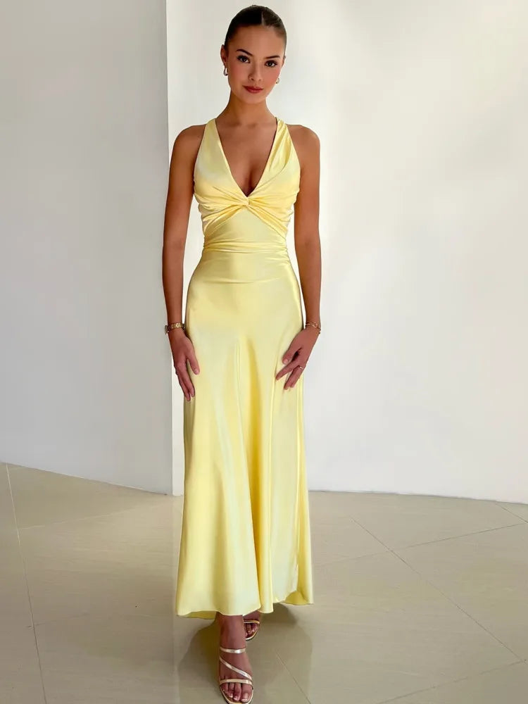 Elegant Sleeveless Satin Bodycon Deep V Backless Evening Dress