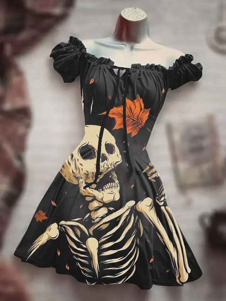 Summer New 3D Printed Mid Waist Scary Halloween Skull Head Pulled Sleeves and Drawstring Dress