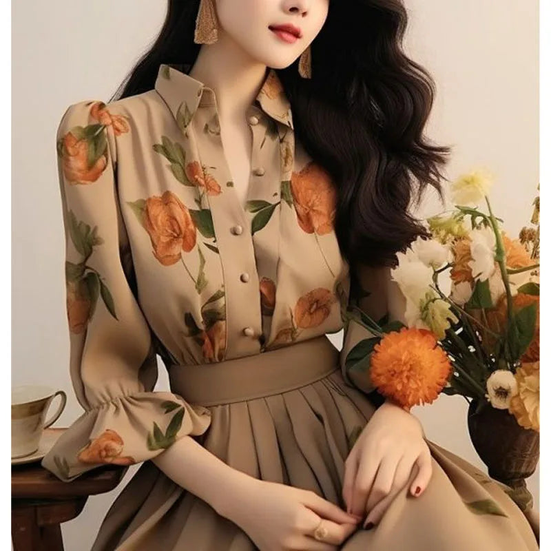 2024 Spring Autumn  Polo-Neck Button Spliced Elegant Versatile Loose Long Sleeve High End Brown Printed Shirt