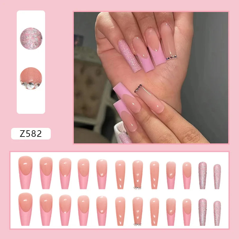 24pcs Artifical Nails Fake Wearable Nail Tips With Small Diamonds