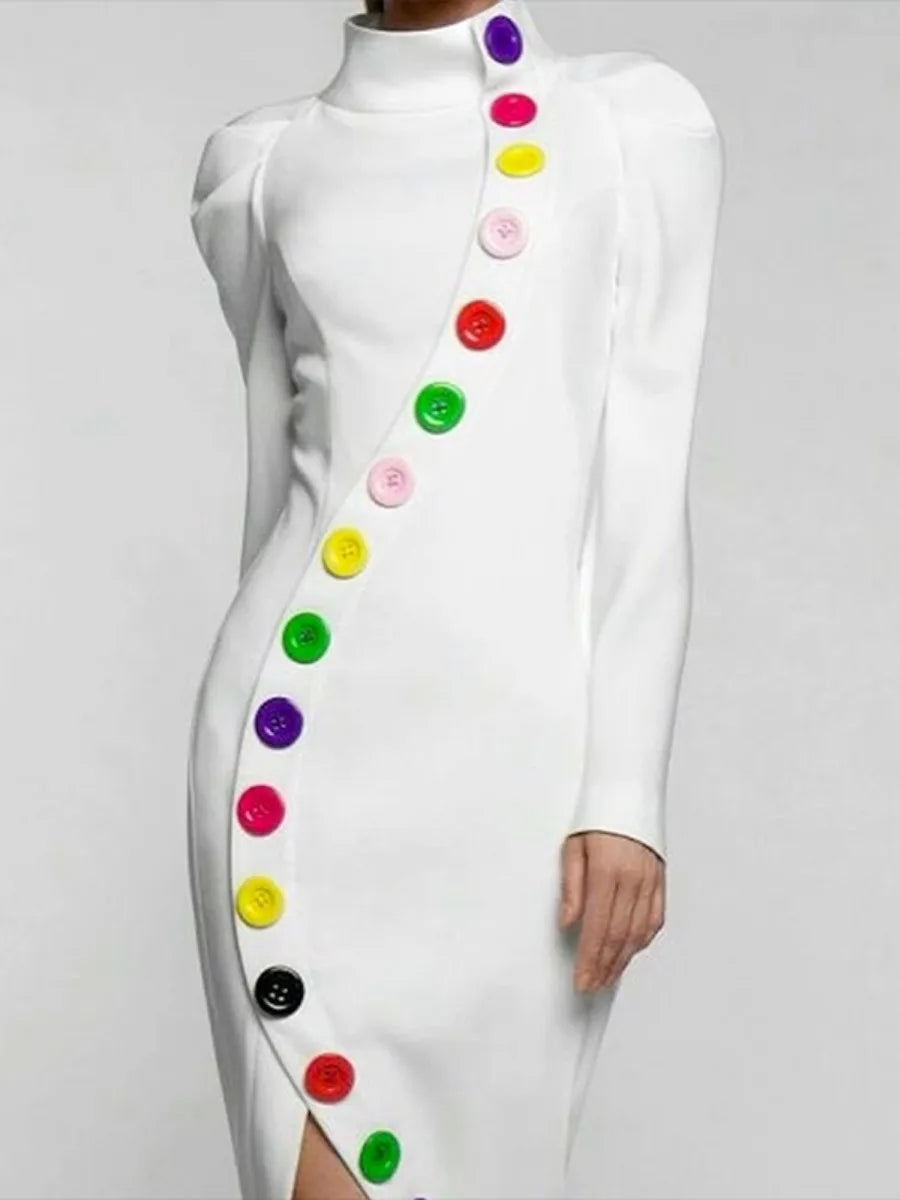 2024 Fall High Neck Puff Sleeves Colorful Buttoned Slim Fit Dress