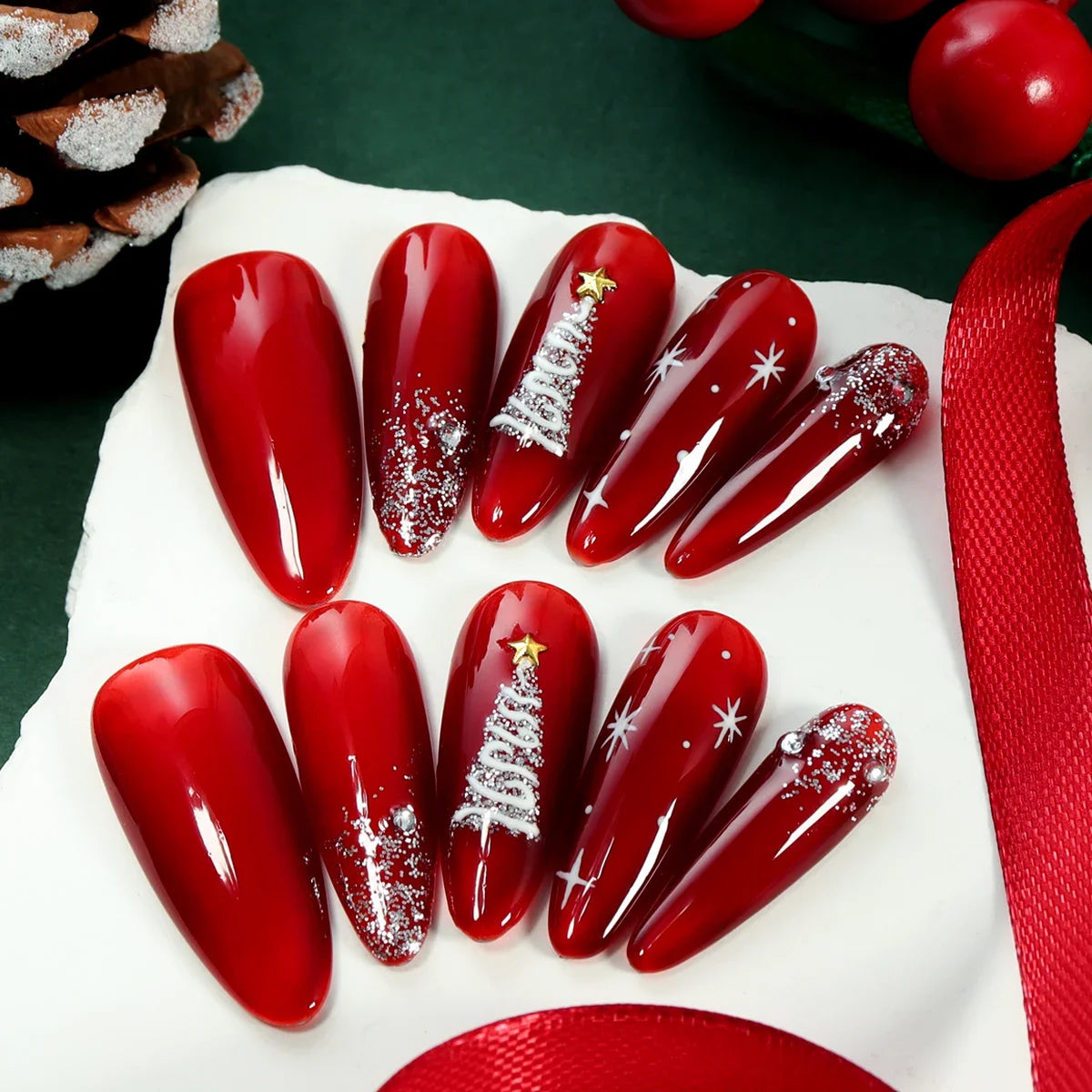 10pcs Christmas Red Glossy Handmade Long Press on Fake Nail