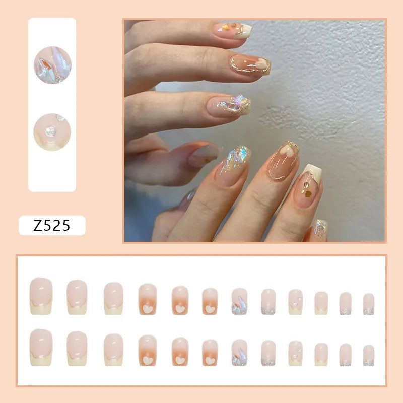 24pcs Artifical Nails Fake Wearable Nail Tips With Small Diamonds