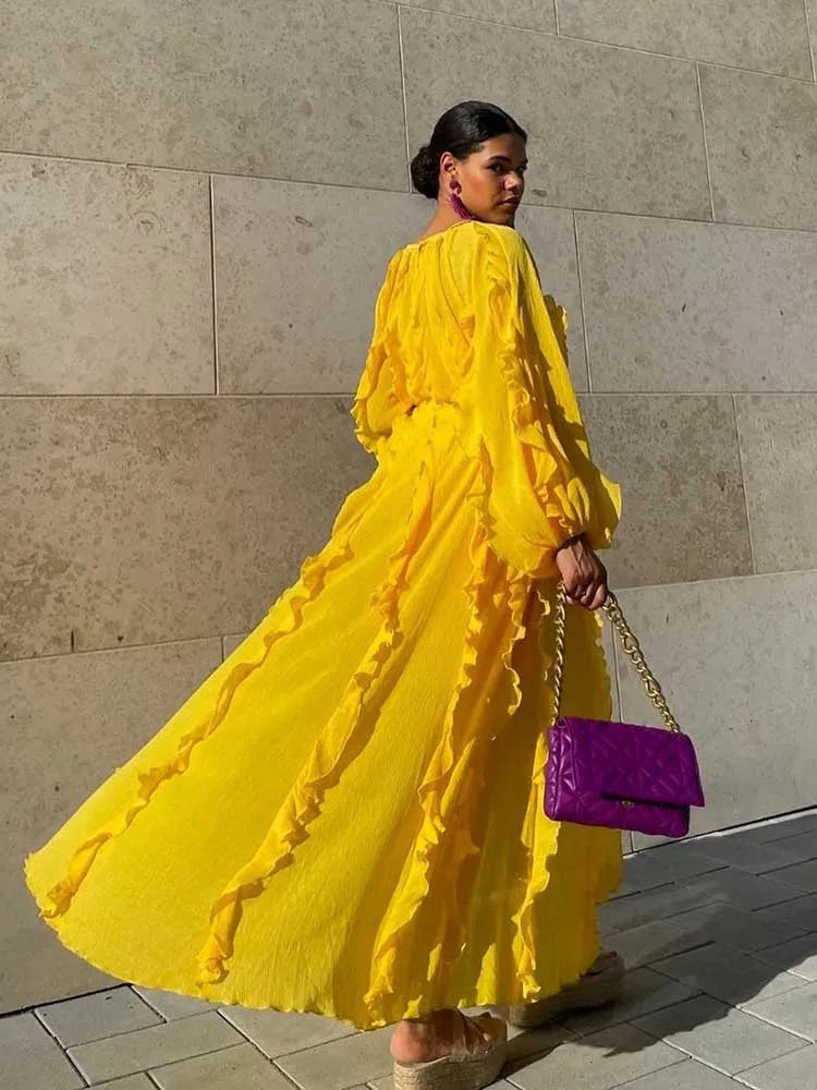 Autumn Long SleeveSexy Beautiful Yellow  Lace-up Chic Elegant Tiered Maxi Dress