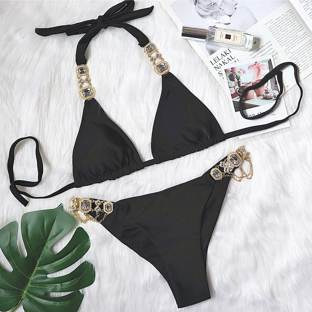 Rhinestone SCrystal Diamond Bikini Set Halter Bandage Lace-up Swimwear