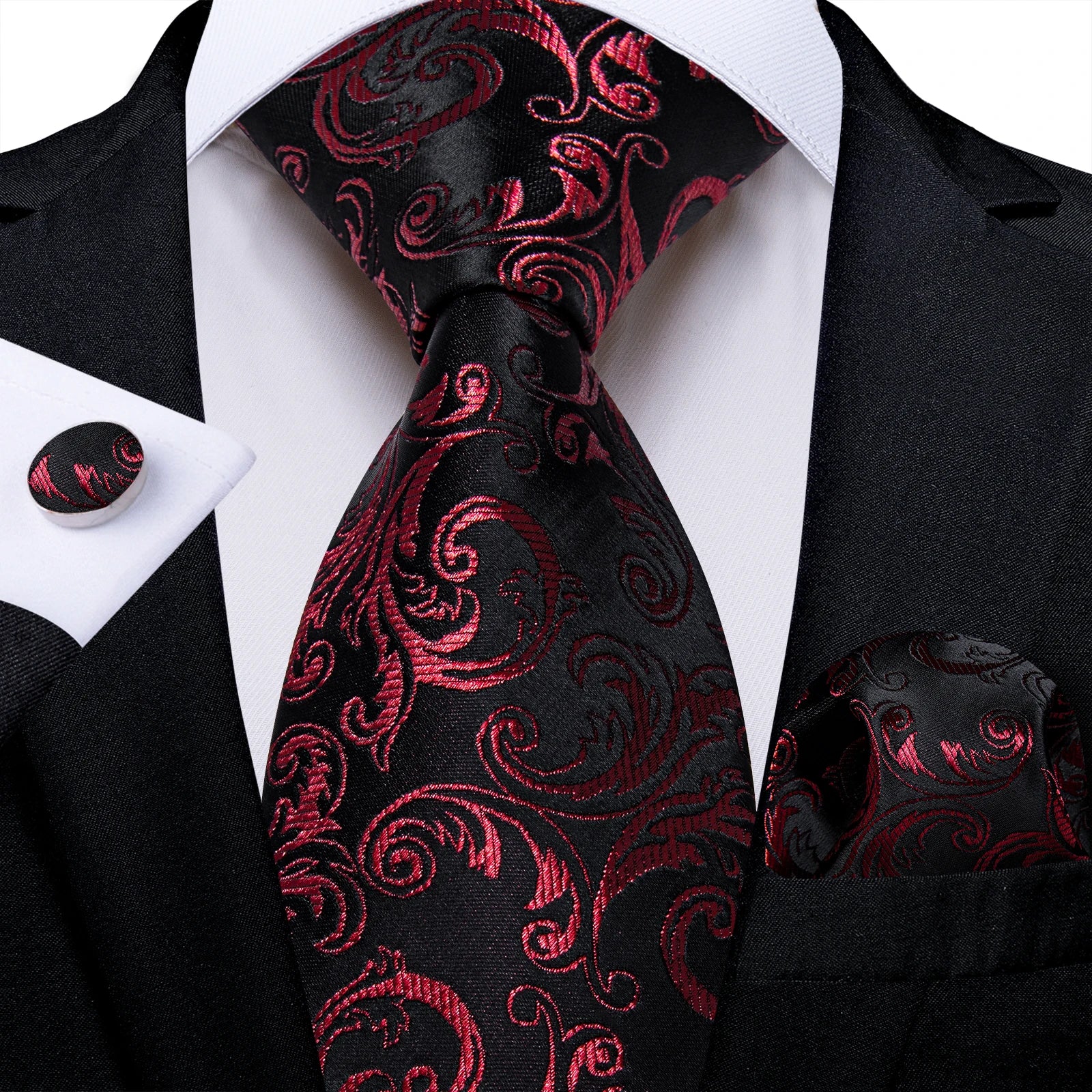 Red  Solid Striped Paisley Neckties Hanky Cufflinks Set For Men