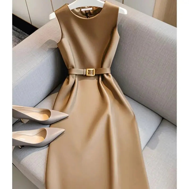 Summer New Fashion Solid Color O-Neck Sleeveless High Waist Dress With Belt