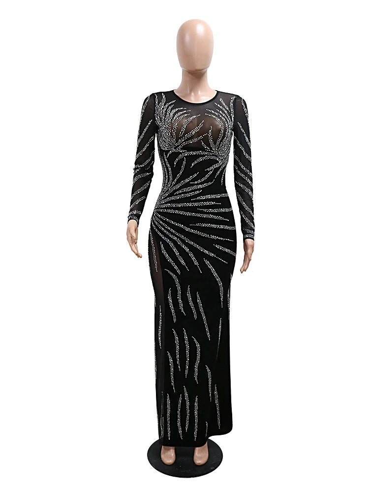 Sexy Velvet Mesh Mirrors Rhinestones  Evening Long Dresses