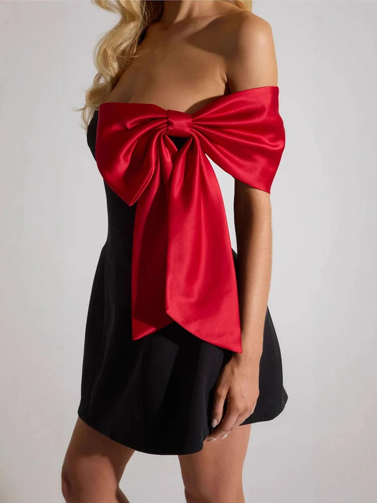 Sexy Strapless Bow Mini Skirt Black Backless High Waist Dress