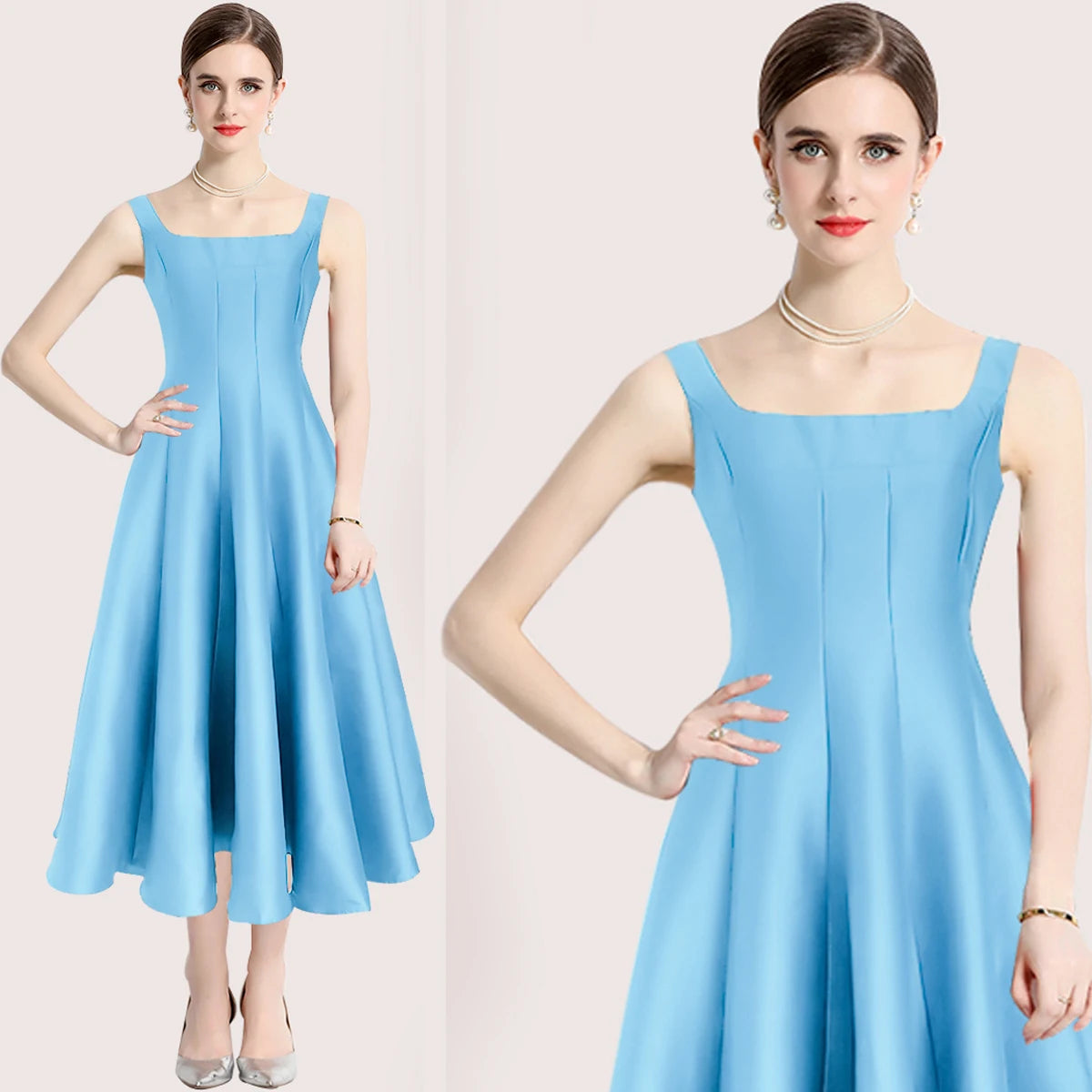 Hepburn Style Big Hem Drape Midi Long Pleated Strap Dress