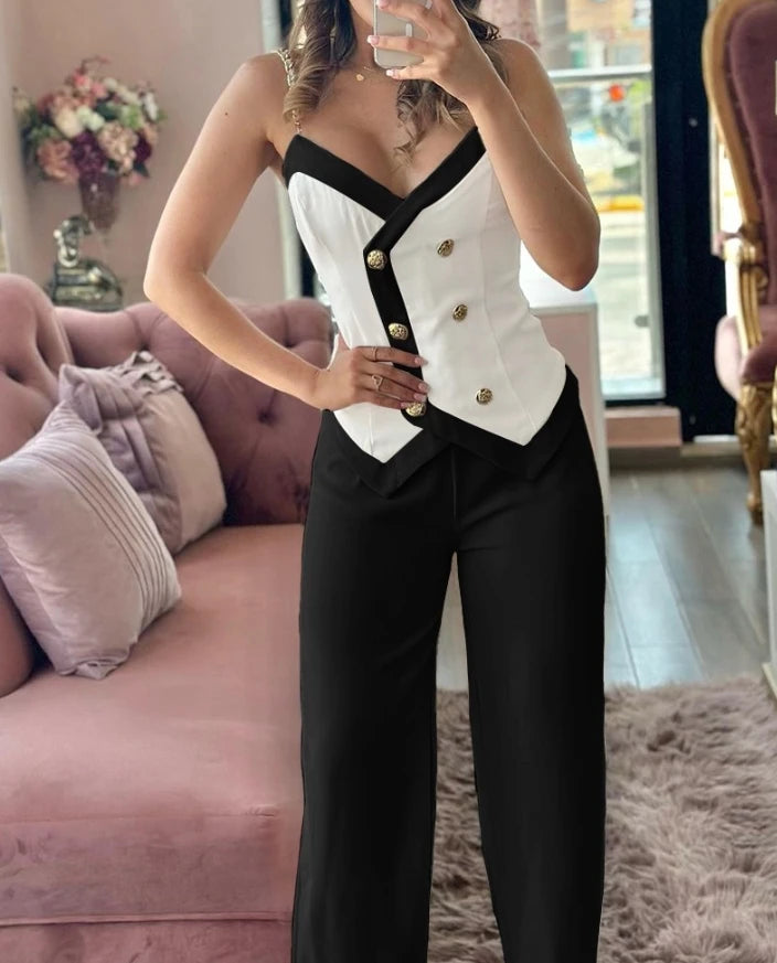 Spring Summer V-Neck Double Breasted Chain Strap Sleeveless Top & Straight Leg Pants Set Casual Style