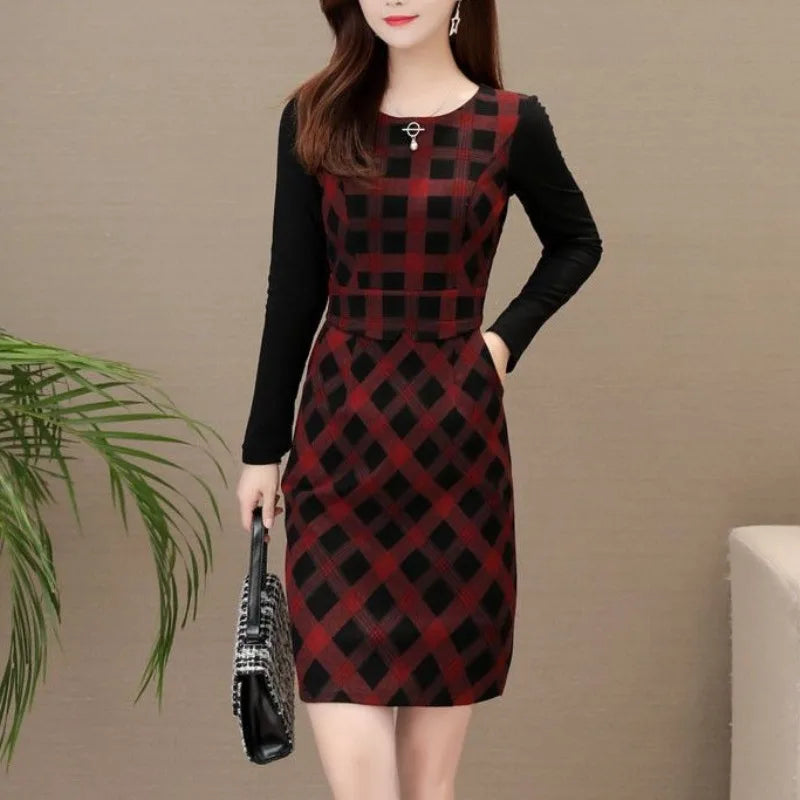 Spring and Autumn Round Neck Long Sleeve Panel Plaid Pockets Slim Midi Dress