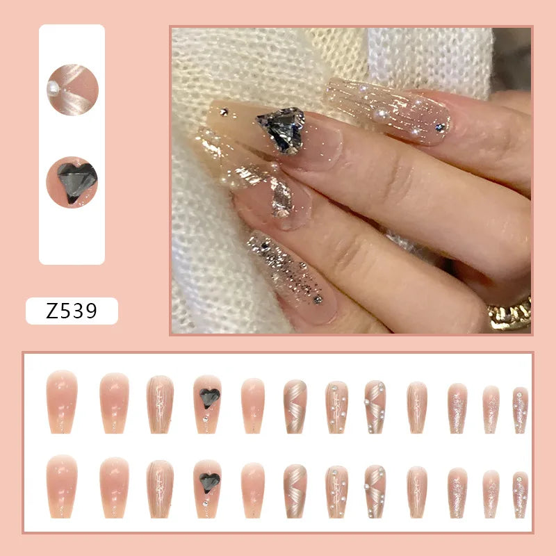 24pcs Artifical Nails Fake Wearable Nail Tips With Small Diamonds