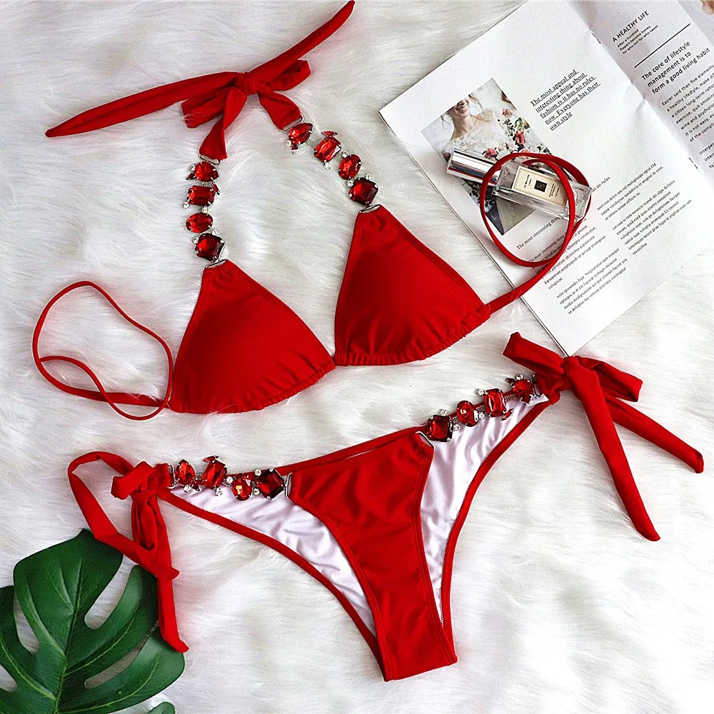 Rhinestone SCrystal Diamond Bikini Set Halter Bandage Lace-up Swimwear