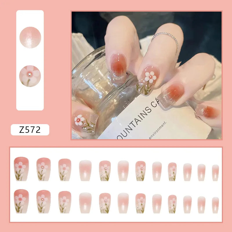 24pcs Artifical Nails Fake Wearable Nail Tips With Small Diamonds