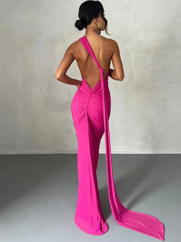 One Shoulder Backless Adjustable Scarf Loop Ruched Sexy Maxi Dress