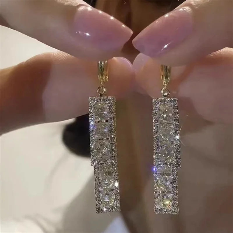 Shiny Zircon Square Hoop Gold Color Stainless Steel Earrings