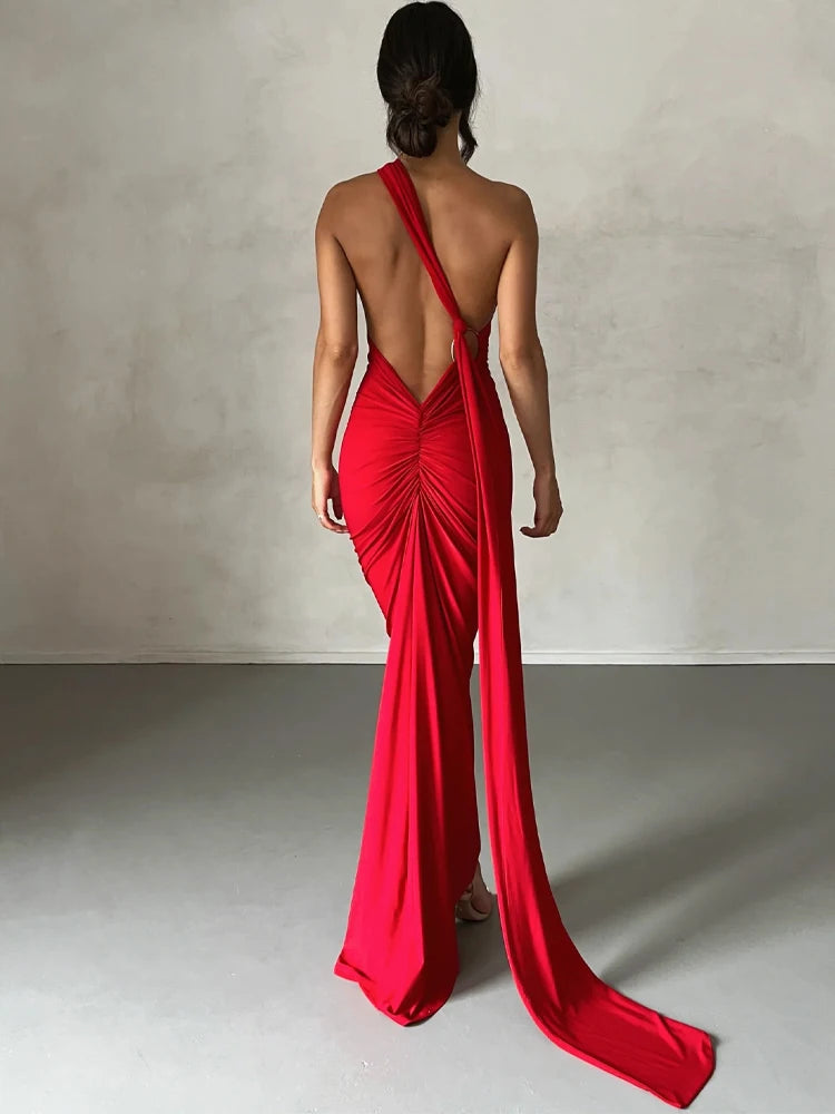 One Shoulder Backless Adjustable Scarf Loop Ruched Sexy Maxi Dress