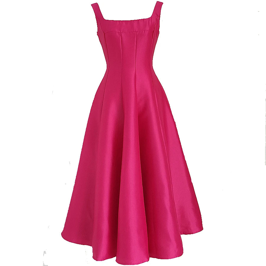 Hepburn Style Big Hem Drape Midi Long Pleated Strap Dress