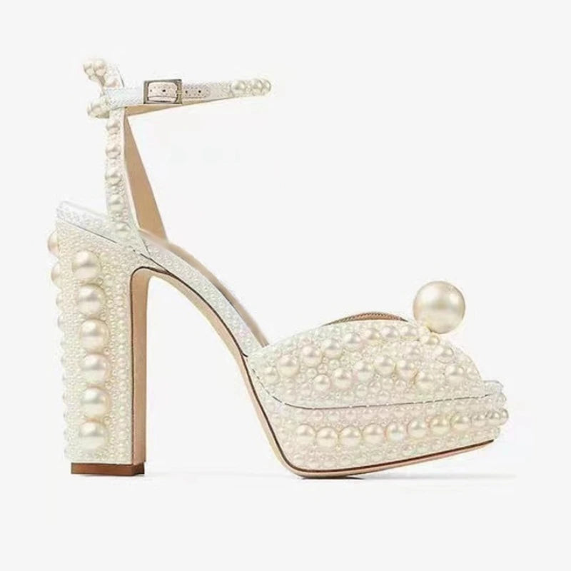 Handmade Beaded Thick Heel Fish Mouth Sandals