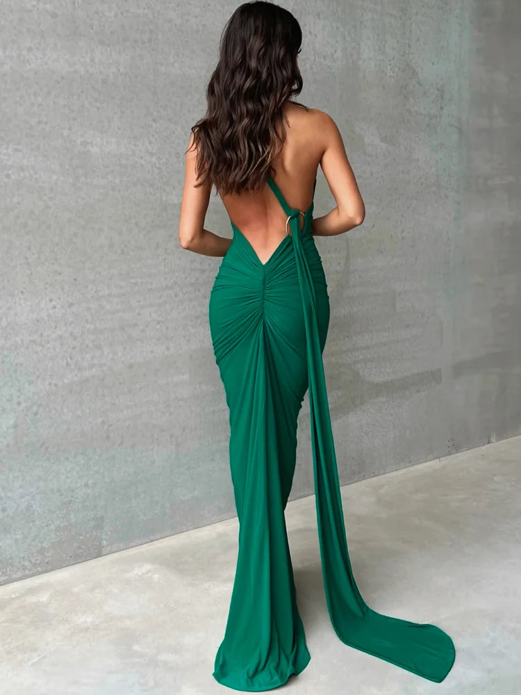 One Shoulder Backless Adjustable Scarf Loop Ruched Sexy Maxi Dress