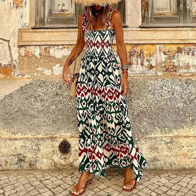 2024 Boho Print Casual Cool Loose Sleeveless Beach Long Dress