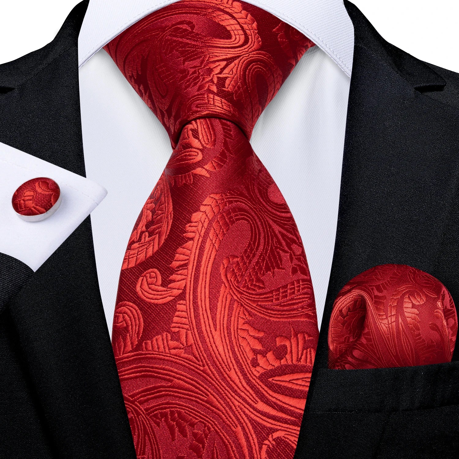 Red  Solid Striped Paisley Neckties Hanky Cufflinks Set For Men