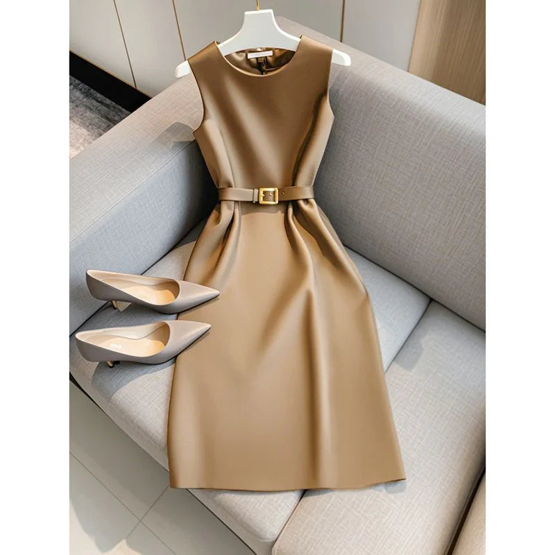 Summer New Fashion Solid Color O-Neck Sleeveless High Waist Dress With Belt