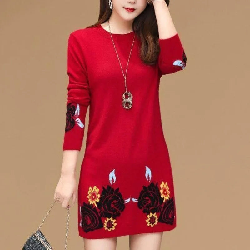 Autumn and Winter  Round Neck Long Sleeve Slim Pullover Plus Size Midi Underlay Printing Dress