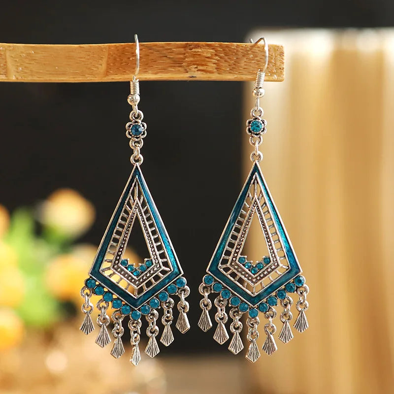 Bohemian Ethnic Long Blue Acrylic Crystal Water Drop Earrings